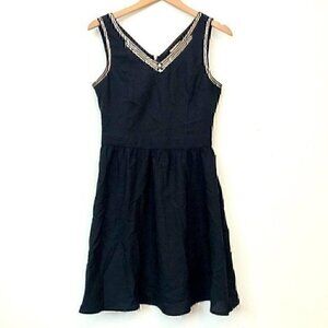 UNDER SKIES Solid Black Beaded Bead V-Neck Sleeveless Fit Flare Dress Small ???